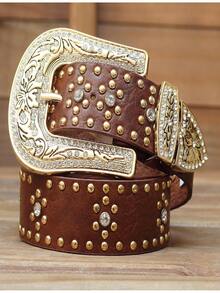 Women's Country Belt Caramel Brown With Rhinestones And Gold Buckle - Lạc đà - Xem 3