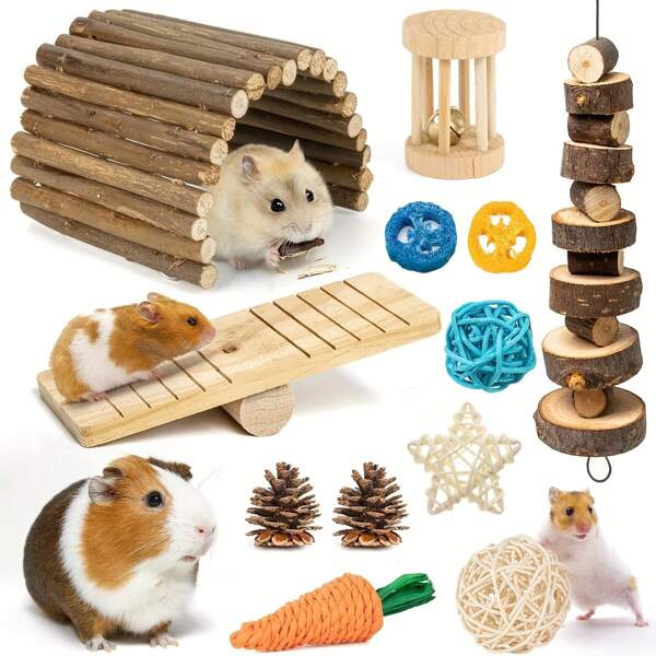 12 Peças Acessórios de Brinquedos para Hamsters, Porquinhos-da-Índia, Mastigáveis Naturais para Dentes de Coelhos, Coelhos, Ratos, Chinchilas, Bola de Esconderijo, Gravetos para Mascar para Porquinhos-da-Índia, Hamsters, Chinchilas