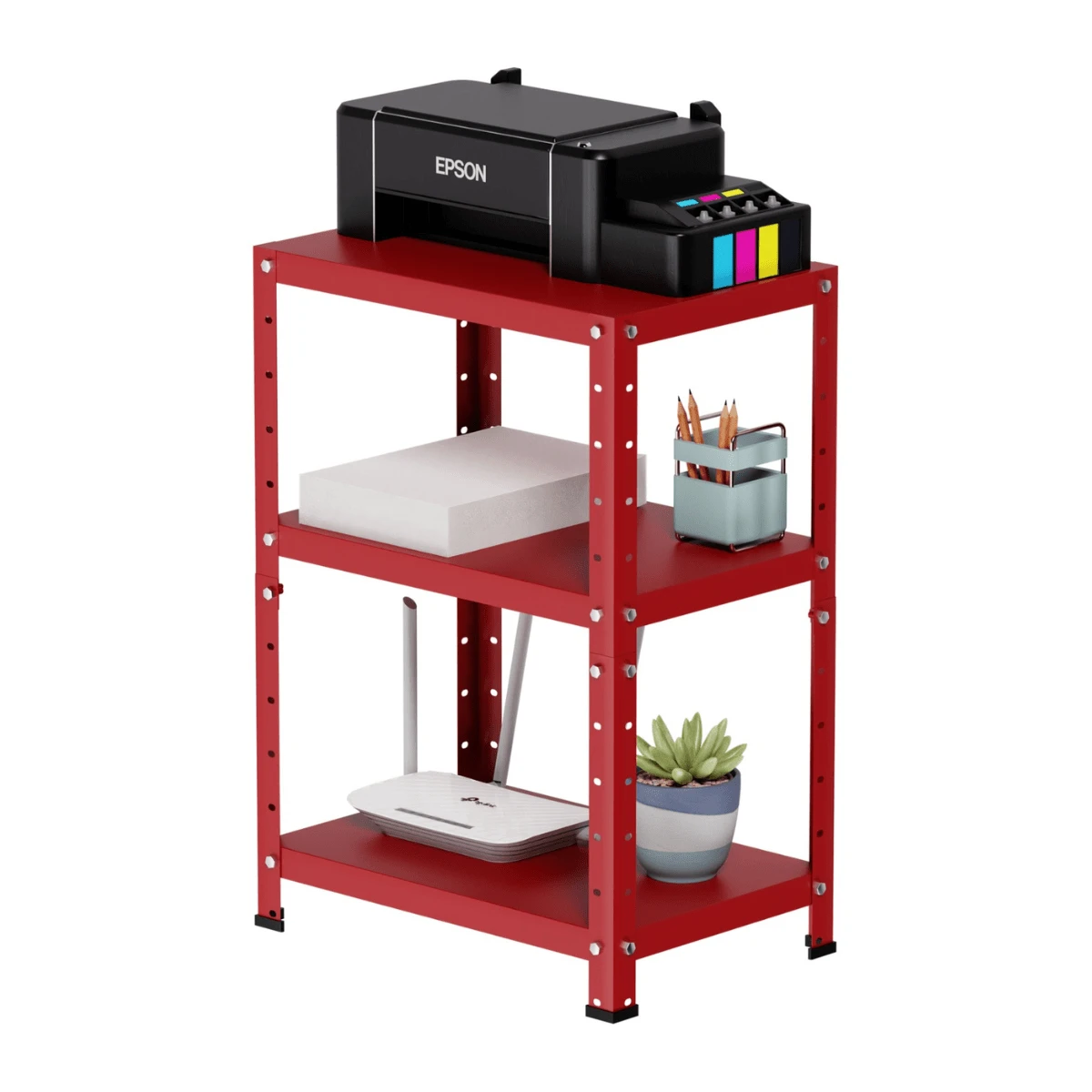 Compact Steel Shelf With 3 Shelves - Capacity 45kg - 65cm X 45cm X 30cm - Red - View 1