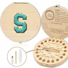 创意首字母木质牙齿收纳盒木质牙盒脐带牙齿收集盒婴幼儿纪念品盒刺绣字母A到Z - 杏色 - 查看 52