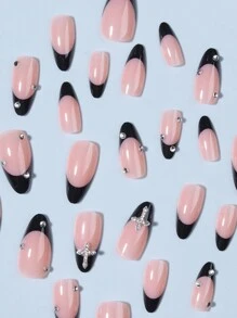 24pcs Almond Cross Design Black French Nail Stickers (Medium Size), Cross Alloy Nail Decor With Rhinestones, Perfectly Fit Acrylic Fake Nails Set, Includes 1 Gel Polish And 1 Nail File, French Manicure Stickers Suitable For Women And Girls To DIY For Daily, Work, Study And Party Nail Supplies - Black - View 3