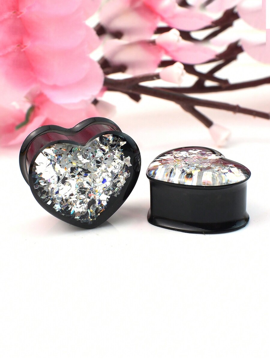 1 Pair 830mm Glossy Black Acrylic Heart Shaped Ear Gauges Tunnel Plugs