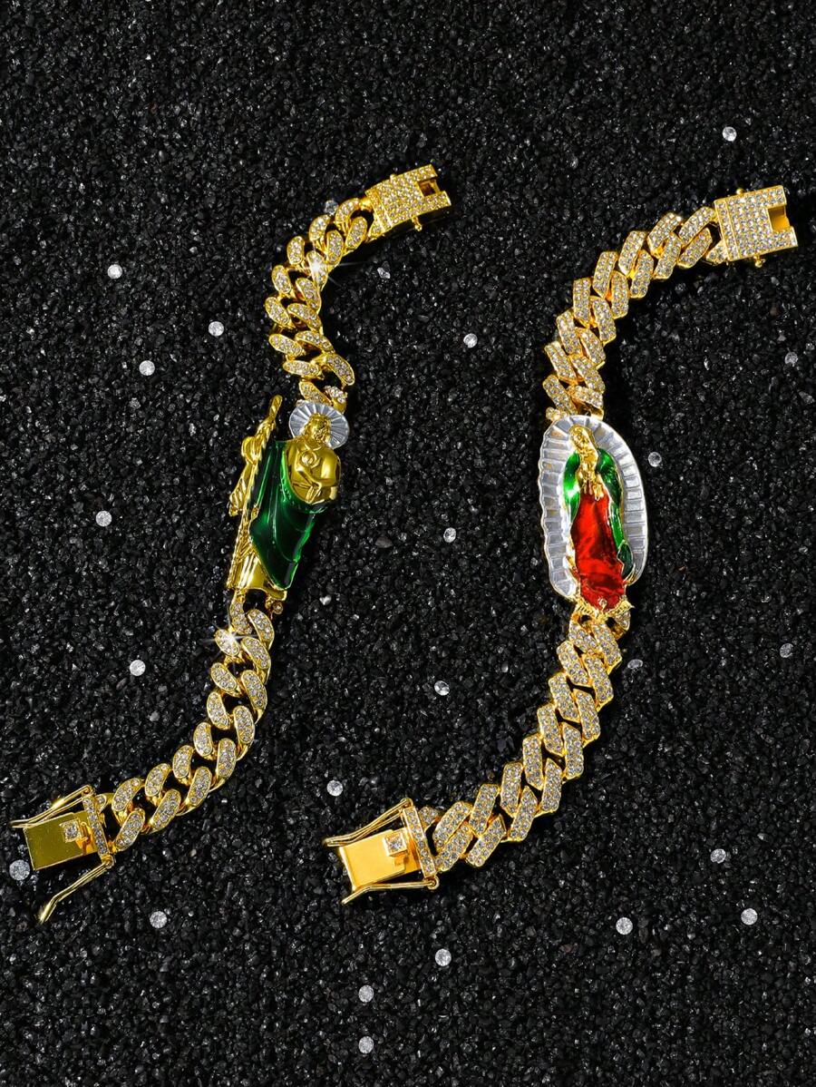 1pc Bling-Bling Chain Necklace With Saint Mary & Saint Jude  Charms For Men, Hip-Hop Stylish Chain Bracelet For Boyfriend Gift - Yellow Gold - View 1