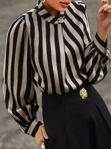 Striped Print Mock Neck Blouse,Long Sleeve Tops