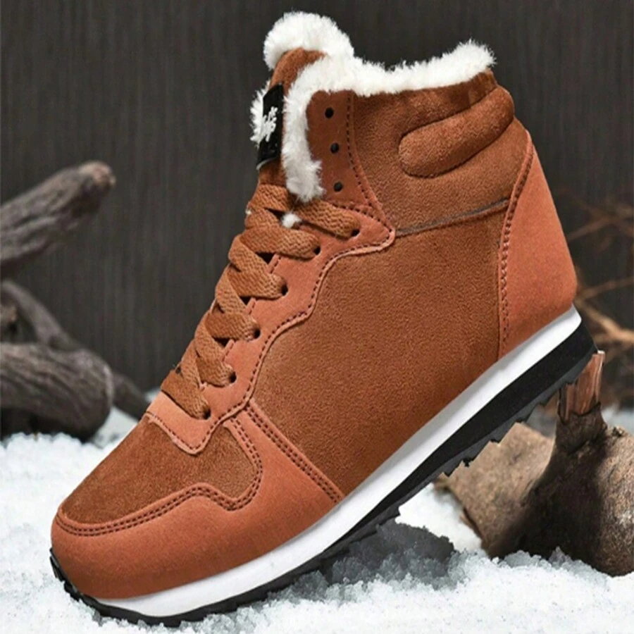 New Autumn Winter Ultralight Warm Couple Snowboots, PU Leather Plus Size Men Women's Outdoor Hiking Boots, Plush Lining, Slip-Resistant, Comfortable - Brown - View 1