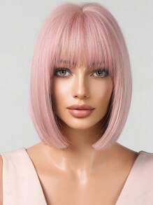 Peluca corta rosa de 12 pulgadas para mujer, peluca rosa fucsia recta con flequillo, peluca sintética rosa bob para mujer y niña, peluca de colores para disfraz de Halloween y festivales de música - Rosa - Ver 2