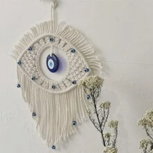 手工编织土耳其蓝色邪眼壁挂 - 手工纱线编织，邪眼护身符，家居装饰摆件，蓝色玻璃邪眼，家居装饰，房间装饰，墙面装饰礼物，生日毕业礼物 - 米色 - 查看 7