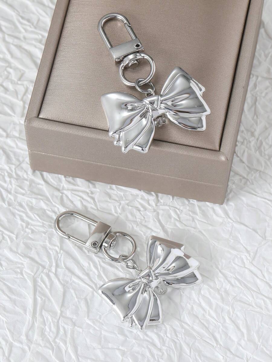 2pcs Metal Bowknot Knot Key Chain, Stylish Silver Unisex Gift For Couple & Friends - Silver - View 1