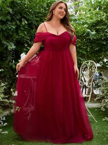 Plus Cold Shoulder Mesh Overlay Prom Dress