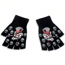 万圣节骷髅印花夜光弹力针织无指手套成人款，秋冬骷髅 - 黑色 - 查看 5