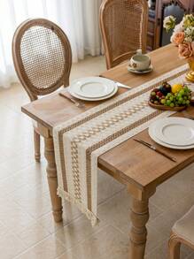 1pc Farmhouse Crochet Patchwork Table Runner, Boho Style Coarse Linen Coffee Color Geometric Pattern, Vintage Charm, Comfortable And Elegant For Coffee Table, Sideboard, Cabinet Cover, Home Decor, Suitable For Kitchen, Dining Room, Dinner Party, Wedding, Bridal Shower, Christmas, Thanksgiving - Multicolor - View 13