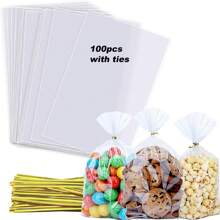 100PCS Cellophane Treat Bags, 8x12cm/10x15/15x20cm/16x24/20x28cm Clear Cellophane Gift Bags With 4" Twist Ties, Clear Bread Bags, Plastic Bags,Cookie Bags, Candy Bags For Treats Gifts Giving Birthday Party Favors