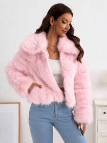 Chaqueta Corta De Pieles Para Mujer,Chaqueta Lisa Unicolor,Chamrrara Con Cierre Delantero,Abrigo Mullido Cálido Para Otoño E Invierno - Rosa - Ver 4