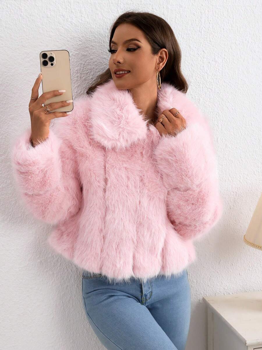 Chaqueta Corta De Pieles Para Mujer,Chaqueta Lisa Unicolor,Chamrrara Con Cierre Delantero,Abrigo Mullido Cálido Para Otoño E Invierno - Rosa - Ver 1