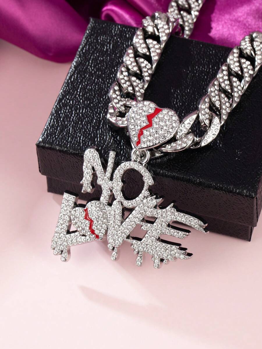 1pc Women's Hip Hop Necklace Rhinestone Rhinestone Broken Heart Pendant Necklace, 18K Gold/Silver Cubic Zirconia 13mm Hip Hop Jewelry Valentines,Mom,Mother,Mother's Day,Gift - Letter - View 1