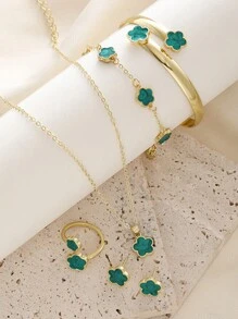 5 Peças Conjunto de Joias Flor da Sorte Cintilante com Brincos Brilhantes, Colar, Pulseira e Anel para Meninas - Conjunto de Liga Fashionável e em Forma de Trevo, Perfeito como Presente - Tamanho Único - Visão 5
