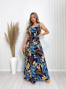 LONG PRINTED DRESS WITH THIN STRAP TYING AT THE WAIST - Màu xanh hải quân - Xem 1