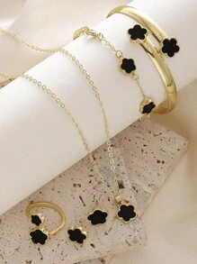 5 Peças Conjunto de Joias Flor da Sorte Cintilante com Brincos Brilhantes, Colar, Pulseira e Anel para Meninas - Conjunto de Liga Fashionável e em Forma de Trevo, Perfeito como Presente - Tamanho Único - Visão 1
