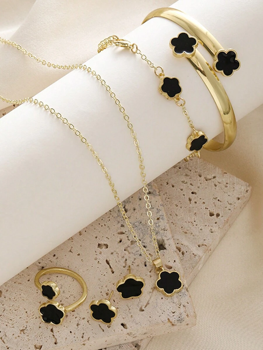 5 Peças Conjunto de Joias Flor da Sorte Cintilante com Brincos Brilhantes, Colar, Pulseira e Anel para Meninas - Conjunto de Liga Fashionável e em Forma de Trevo, Perfeito como Presente - Tamanho Único - Visão 1