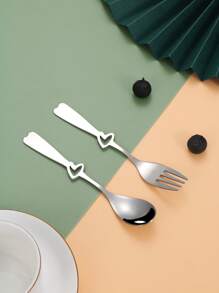 2件/4件/12件/20件心形不锈钢咖啡勺和甜点叉创意礼品套装，情侣餐具圣诞礼物 - 銀色 - 查看 2