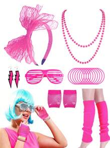 7/10pcs 80s Party Costume Accessories, 1980s Neon Color Dress Party Set, Women Neon Venetian Blinds Sunglasses Necklace Belt Leg Warmers Headband For Party, Dance - Multicolor - View 21