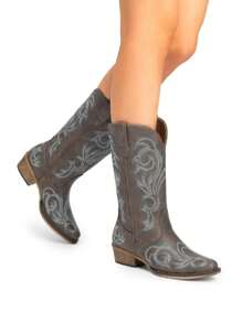Women's Mid Calf Cowgirl Boots Cowboy Boots Pointed Toe Fashion Slip-On Chunky Heel Embroidery Stitched Western Brown Boots For Festival Party Shoes - 棕色 - 查看 6