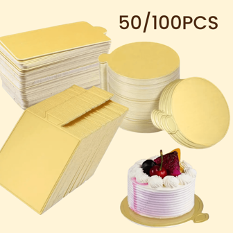 50/100PCS Mini Cake Paper Boards Golden Mousse Cake Base, Grease Proof Disposable Cupcake Boards, Easy-Grip Handle Baking Dessert Cardboard Design For Wedding And Birthday Party