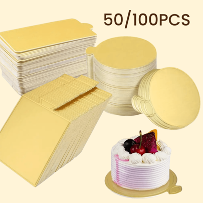 50/100PCS Mini Cake Paper Boards Golden Mousse Cake Base, Grease Proof Disposable Cupcake Boards, Easy-Grip Handle Baking Dessert Cardboard Design For Wedding And Birthday Party