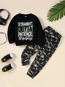2pcs Young Boy Casual Letter Printed Long Sleeve Top And Camouflage Pants Set, Autumn
