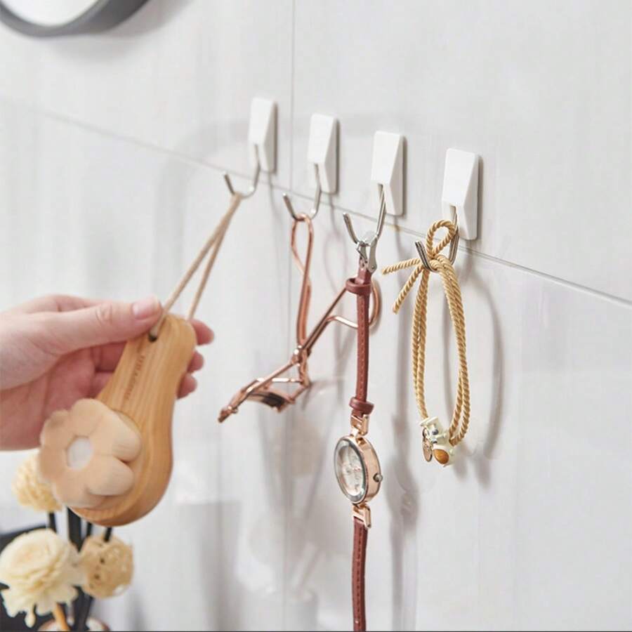 9-Pack Of Punch-Free Household Wall-Mounted Storage Plastic Hooks, Simple Kitchen And Bathroom Door Back Sticky Hooks - White - View 1