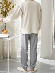 秋冬简约男士长袖上衣裤睡衣套装，简约可爱小熊印花图案，舒适透气亲肤面料，秋季衣服