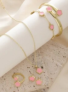5 Peças Conjunto de Joias Flor da Sorte Cintilante com Brincos Brilhantes, Colar, Pulseira e Anel para Meninas - Conjunto de Liga Fashionável e em Forma de Trevo, Perfeito como Presente - Tamanho Único - Visão 9