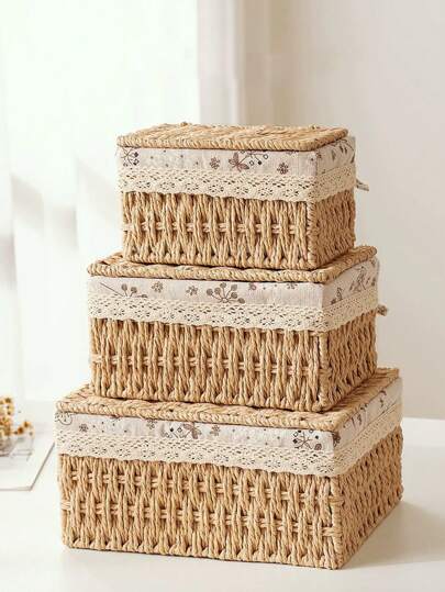 3pcs (S+M+L) 1pc Bohemian Woven Desktop Storage Basket, Suitable For Keys And Small Items, Coffee Table Storage Basket Set, Can Store Cosmetics, Keys, Snacks, Living Room, Entrance, Home, Woven Box, Decorative Storage Basket, Holiday Decor Gift Storage, Reusable Storage Rack Basket, Suitable For Stationery, Wardrobe, Toys, Cosmetics Storage, Desktop Organizer Basket, Ideal Gift Basket