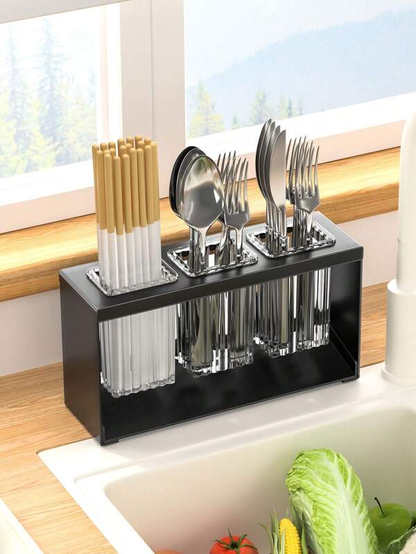 3/4 Cup Black Steel Drainable Cutlery Holder Organizer Kitchen Counter Utensil Rack