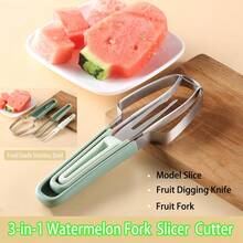 1set Stainless Steel Watermelon Slicer, Fork And Tongs - Multipurpose Fruit Cutting Tool For Kitchen - Multicolor - View 1