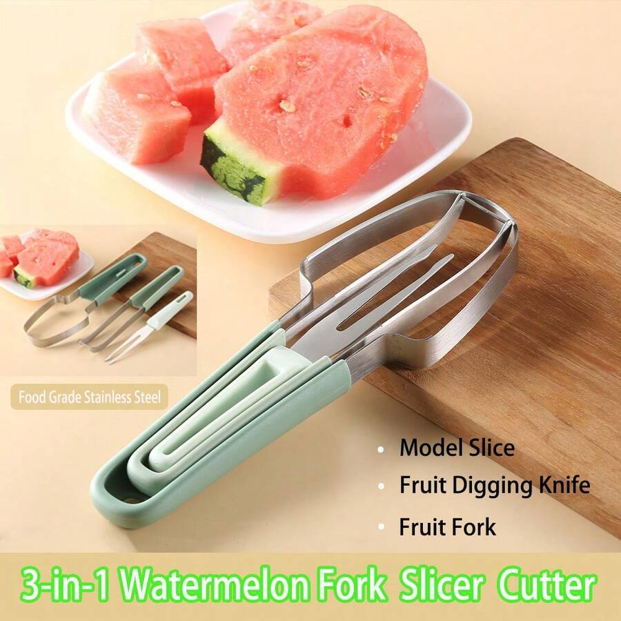 1set Stainless Steel Watermelon Slicer, Fork And Tongs - Multipurpose Fruit Cutting Tool For Kitchen - Multicolor - View 1