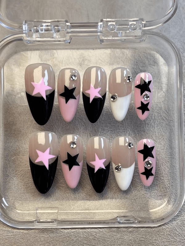 10 Peças Unhas Postiças Acrílicas Puras Feitas à Mão Y2K Doces e Legais, Amendoado, Decorações em Estilo Francês Preto, Branco e Rosa com Estrelas, Decoração com Diamantes, Adequado para Festa, Dia a Dia, Festivais, Bailes de Formatura, Férias, Feriados, Encontros, Roupas de Verão, Românticas com Gel Jelly de Longa Duração e Tiras de Polimento, Suprimentos para Unhas