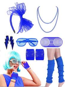 7/10pcs 80s Party Costume Accessories, 1980s Neon Color Dress Party Set, Women Neon Venetian Blinds Sunglasses Necklace Belt Leg Warmers Headband For Party, Dance - Multicolor - View 14