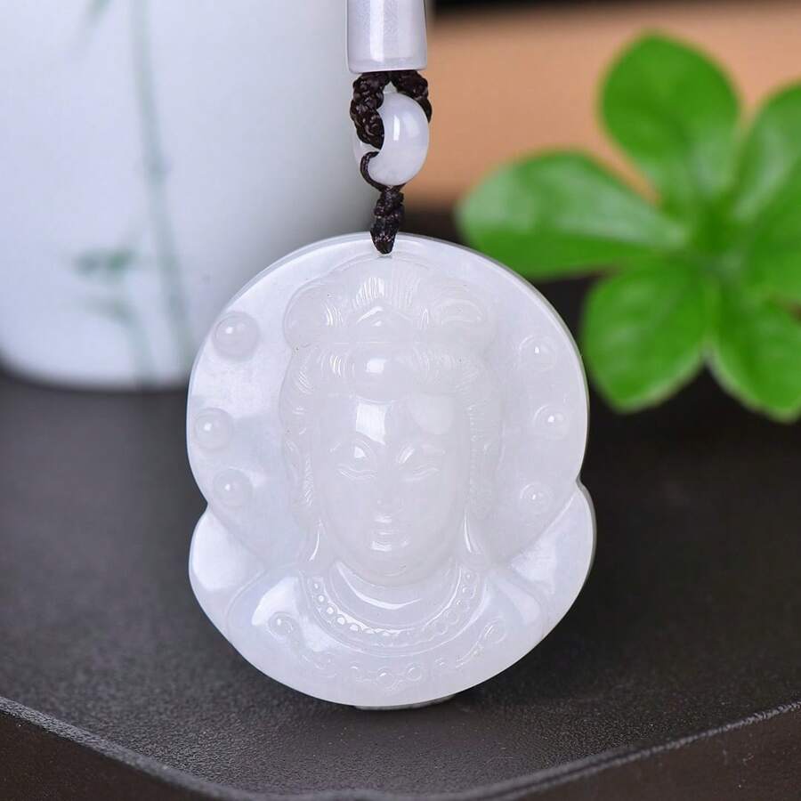 1pc Natural White Jade Avalokitesha Pendant Necklace, Hand-Carved, Guardian Peace, Fashion Good Fortune Fortune Avalokitesha Necklace, Couple Necklace, Healing Crystal, Amulet Gift, Gift For Her, Holiday Gift, Fashion Crystal Gift. (Lanyard Gift Box) - Guanyin - View 1