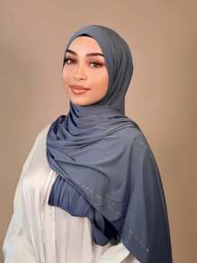 1 Piece Women's Hot Diamond Plain Jersey Soft Headscarf Arabic Casual Long Scarf Conservative Solid Color Headscarf Suitable For Daily Use - Dusty Blue - View 2