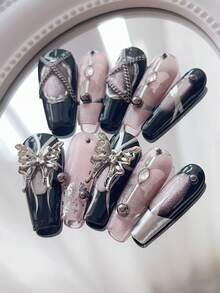 10 piezas Uñas postizas Serie Baddie Y2K - Decoración de cristales de mariposa negra y rosa, cadena metálica, piedras de ojo de gato, acentos de cuentas asimétricas - Multicolor - Ver 4
