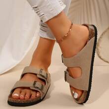 Comfy Women's Slide Sandals With,Adjustable Buckle Straps,And Slip-On Design. Features A Cork Footbed For Extra Comfort! - Brown - View 9