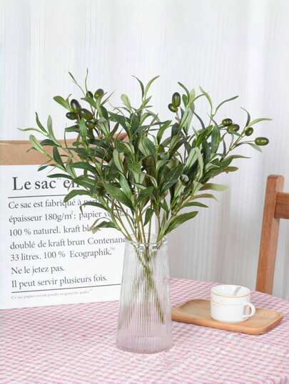 1pc/2pcs, 6 Fork Artificial Olive Leaf Tree Branch With Fruit For Holiday Accessory, Birthday Party Supplies, Birthday Gift, Home Decoration Supplies Home Garden Decoration, Wedding Bouquet, Creative Gift, Valentine Day, Gift Gifts Graduation Christmas Decorations Room Decor Christmas