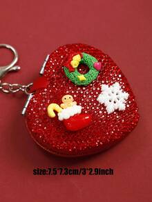 1pc Red Heart Shaped Rhinestone Compact Mirror, Luxury Portable Makeup Mirror, Christmas Decor Handheld Folding Double-Sided HD Mirror (4 Designs Random) - Multicolor - View 5