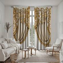 2pcs Yellow Rococo Luxury High Definition Digital Curtain Panels For Home Decor, Living Room And Bedroom - Gold - View 7