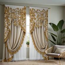 2pcs Yellow Rococo Luxury High Definition Digital Curtain Panels For Home Decor, Living Room And Bedroom - Gold - View 8