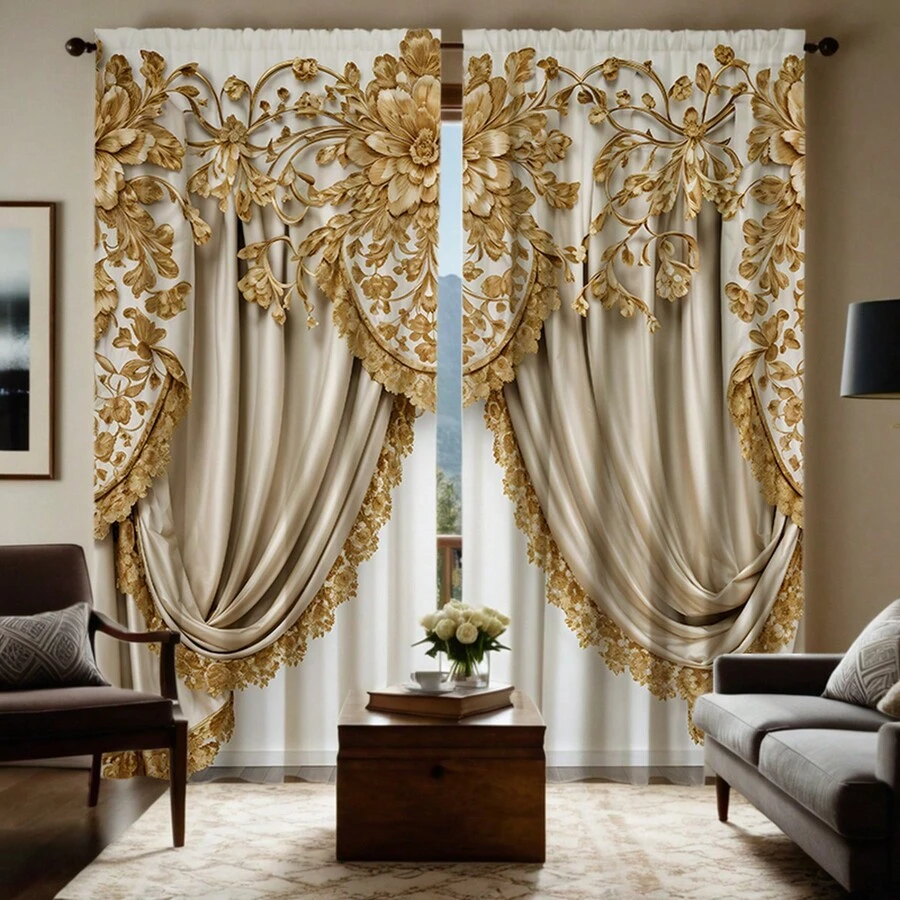 2pcs Yellow Rococo Luxury High Definition Digital Curtain Panels For Home Decor, Living Room And Bedroom - Gold - View 1
