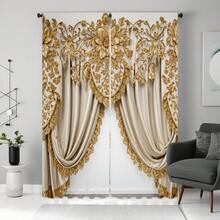 2pcs Yellow Rococo Luxury High Definition Digital Curtain Panels For Home Decor, Living Room And Bedroom - Gold - View 10