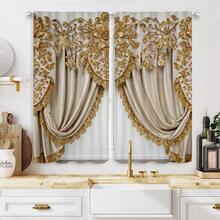 2pcs Yellow Rococo Luxury High Definition Digital Curtain Panels For Home Decor, Living Room And Bedroom - Gold - View 9