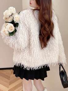 Women's Faux Fur Trim Fringed Short Faux Leather Jacket, Autumn/Winter - White - View 2